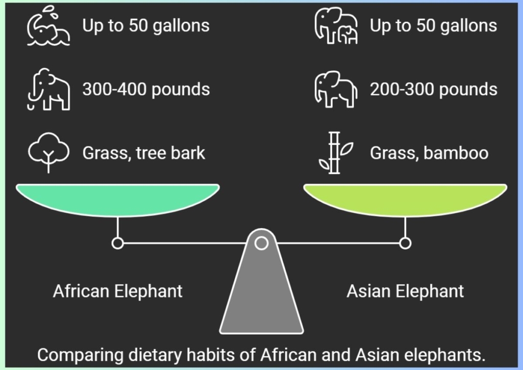 Infographic comparing African and Asian elephants' diets.