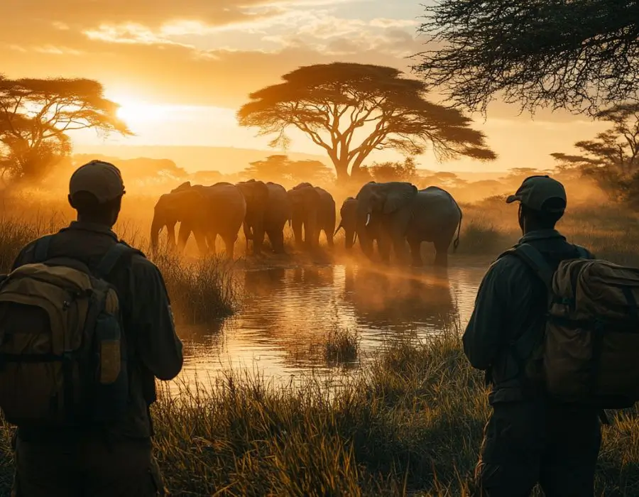 Photo of conservationists engaged in anti-poaching efforts for elephants.