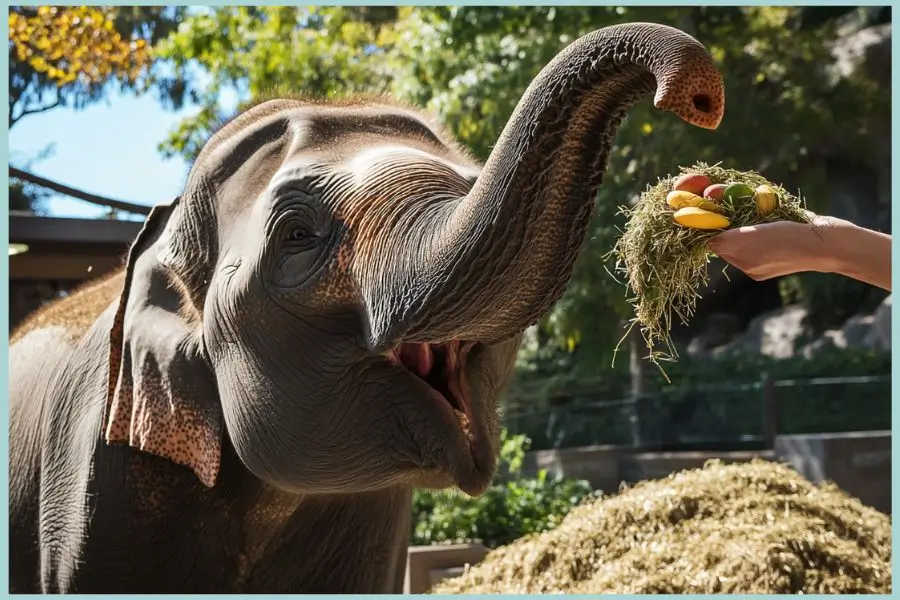 Zoo elephant eating hay and fruits.