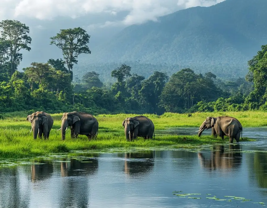 A hopeful image depicting elephants living peacefully in a protected national park, symbolizing successful conservation initiatives.