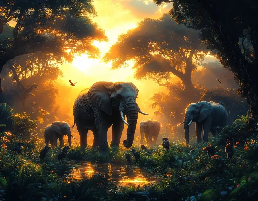 Illustration of elephants shaping their environment and aiding other species.