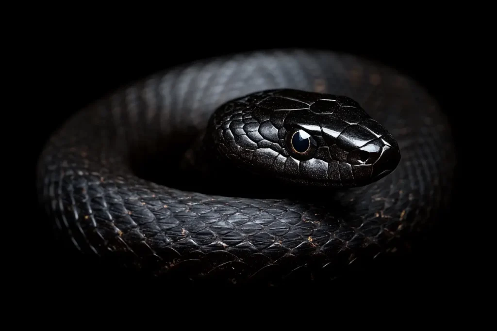 Close-up of a coiled, black snake against a dark background, highlighting its glossy scales and shiny eye.